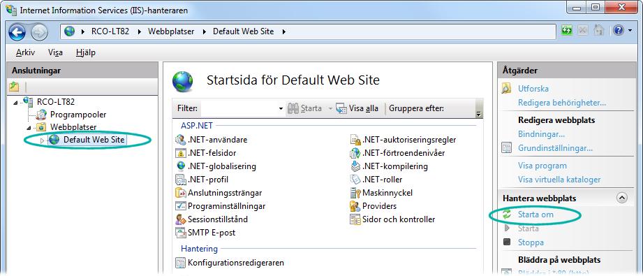 Felsökning RCO Access - Driftsätta Starta om IIS En omstart behövs vanligtvis vid ändringar i webbapplikationernas konfigurationsfiler. Bilden till höger är från 64-bitars Windows 10.