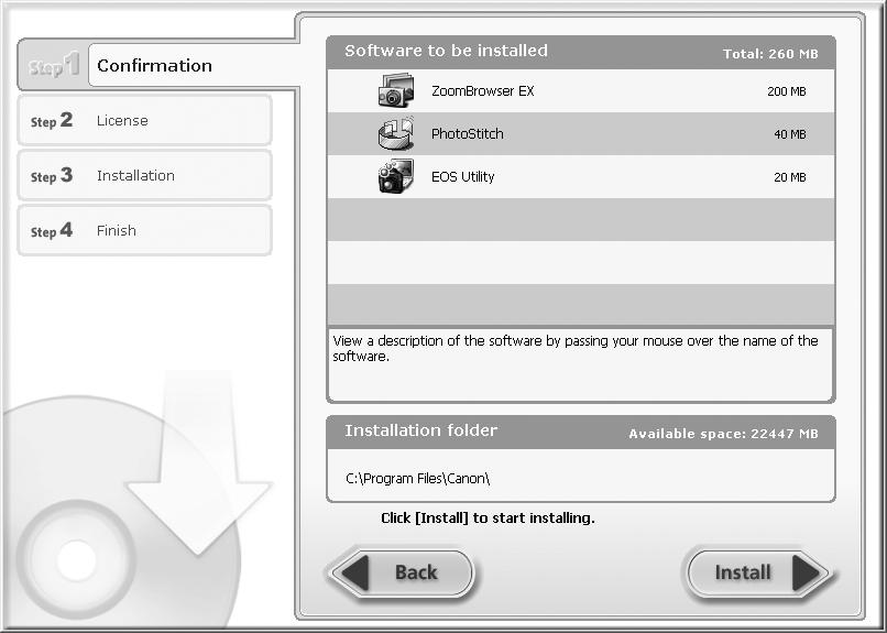 Använda programvaran i Windows Förberedelser 13 6 Kontrollera installationsinställningarna och klicka sedan på [Install/Installera].