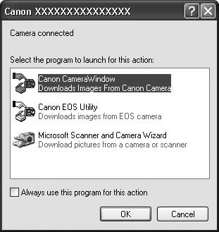 Använda programvaran i Windows Grunderna 16 2 Välj [Canon CameraWindow] när en dialogruta (dialogrutan [Events/Händelser]) liknande den till höger visas, och klicka sedan på [OK].