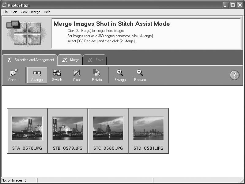 Använda programvaran i Windows Avancerade tekniker 35 Sammanfoga panoramabilder PhotoStitch Du kan skapa en bred panoramabild genom att sammanfoga separata bilder.