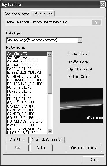 Använda programvaran i Windows Avancerade tekniker 41 Skapa egna startbilder eller -ljud Du kan använda My Camera Maker för att enkelt skapa bild- eller ljudfiler som kan användas som startbilder