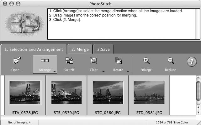 Använda programvaran i MacOS Avancerade tekniker 64 Sammanfoga panoramabilder PhotoStitch Du kan skapa en bred panoramabild genom att sammanfoga separata bilder.