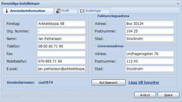 Personliga inställningar Om du vill ändra ditt lösenord, kontaktuppgifter eller andra personliga uppgifter klickar du på länken Personliga inställningar i det övre högra hörnet efter att du loggat in.