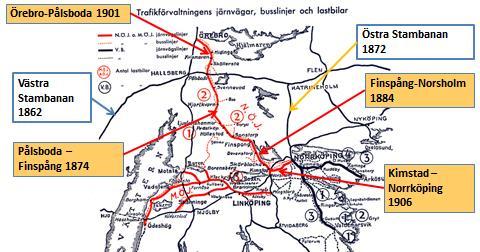 Järnvägsnätet i Östergötland i början på 1900-talet Finspångs station ca 1885. På Skuten ligger ångbåten Glan vid den långa bryggan.