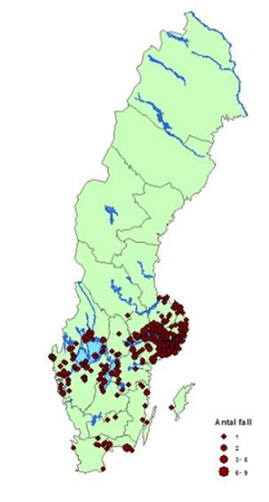 TBE i Sverige Flest fall i Stockholms, Södermanlands, Uppsala och Västra Götalands län.
