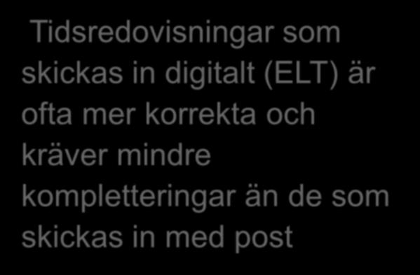 Använd elektronisk tidsredovisning (ELT) Skicka tidsredovisningar digitalt Förenklad och säkrare hantering av informationen Uppgifterna är läsbara i Försäkringskassans IT-system Tidsredovisningen kan