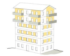 a) b) c) Figur 7. Exempel på tillåten placering av trä i fasaden,. a) horisontellt bruten panel, b) mellan fönster på olika våningar, c) mellan fönster i samma våning [1] Figur 8.