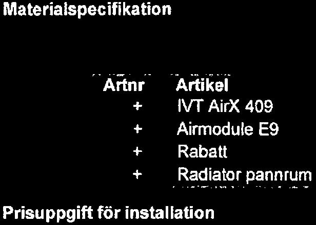 46500 1 30100 1-16000 1 2500 Prisuppgift för installation Summa Material