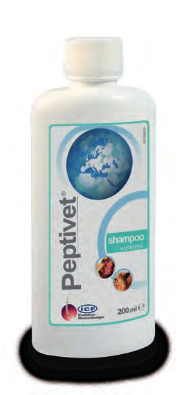HUD Peptivet shampoo Djuprengörande milt schampo till hund, katt och häst. AMP2041 (peptid): Gör små hål i cellmembranet hos bakterier och svamp. Klorhexidindiglukonat: 0,1%, rengör hud och päls.