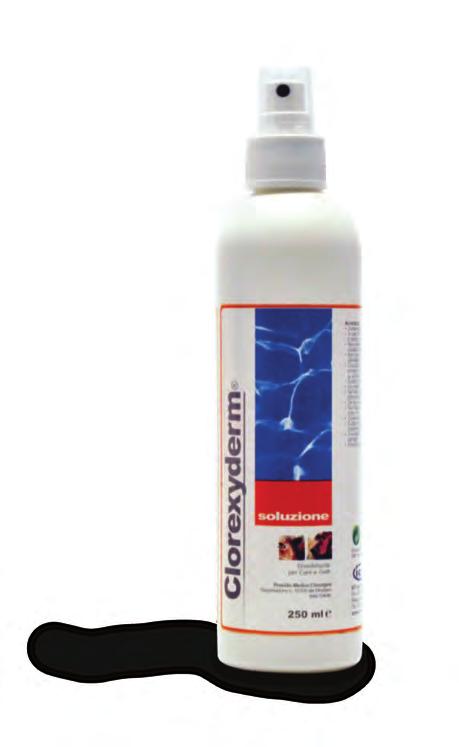 HUD Clorexyderm solution Spray med klorhexidin och Tris-EDTA till hund, katt och häst. Clorexyderm solution är praktisk till effektiv rengöring av huden. Kan ersätta bad.