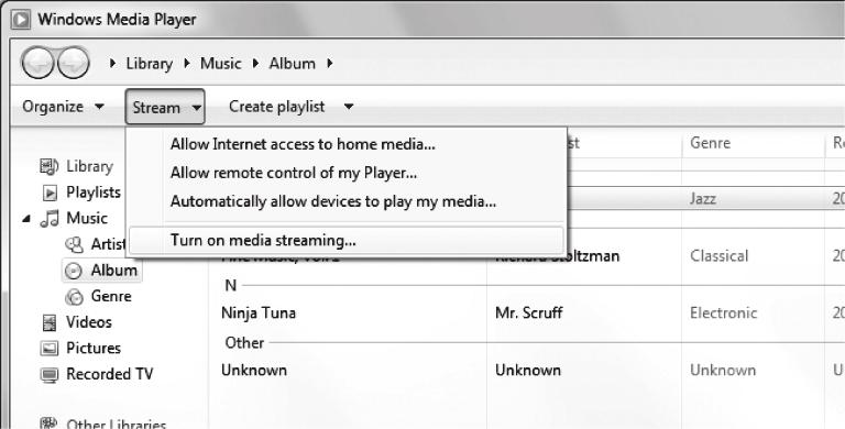 Uppspelning av musik som sparats på mediaservrar (persondatorer/ns) Du kan spela upp musikfiler som sparats på din dator eller DLN-kompatibel NS på receivern. 3 Klicka på Turn on media streaming.