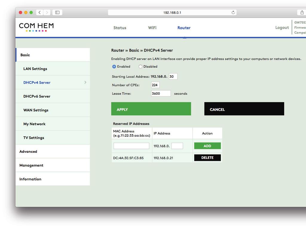 Fast lokal IP-adress Om din utrustning behöver ha en fast IP-adress bakom routern (fast lokal IP-adress) kan det lösas på två sätt: Statisk IP-adress i din utrustning.