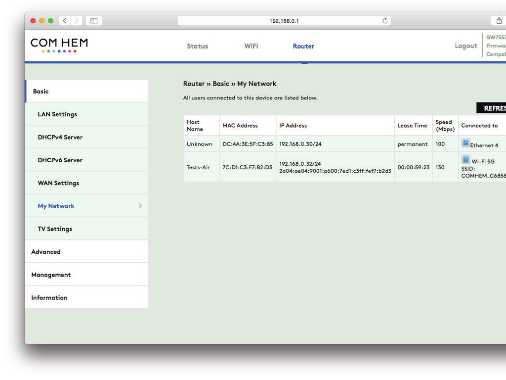 Statisk lokal IP-adress i din utrustning Om din anslutna utrustning ej stöder DHCP behöver du i utrustningen konfigurera en adress inom spannet 192.168.0.30 192.168.0.254 med nätmask 255.