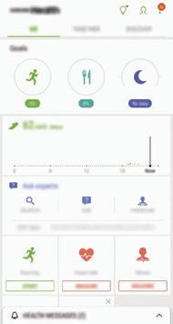 Appar och funktioner Använda Samsung Health Du kan visa den viktigaste informationen från menyer och spårare i Samsung Health för att övervaka ditt välbefinnande och din kondition.