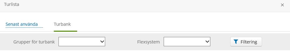 När turlistan är enligt önskemål måste denna verifieras via funktionen Om en sökning av turer via Turbank skall ske klickas det på Turbank. En ny visning av urvalsmöjligheter sker.