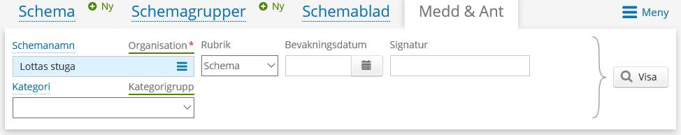 Datum 2017-06-05 27 (39) 7 Fliken Medd&Ant (Meddelande och Anteckning) Här anges ett urval för en rapport över anteckningar med valet Schema i Rubrik eller för meddelanden rubriken Medd-Sch.