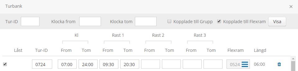 Datum 2017-06-05 35 (39) Till vänster visas en lista över de grupper som finns. Markeras en grupp visas vilka turer som ingår i gruppen till höger. Denna lista kan skrivas ut.