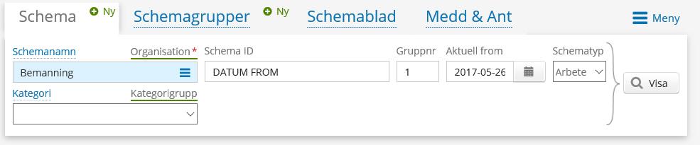 För att sökning av schema ska kunna ske måste Schemanamn, Organisation eller Schema ID vara valt.