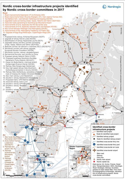 Nio Nordiska Gränskommittéers karta över identifierade gränsöverskridande transportstråk,- färja, flyg, väg, järnväg (Nordregio 2017)
