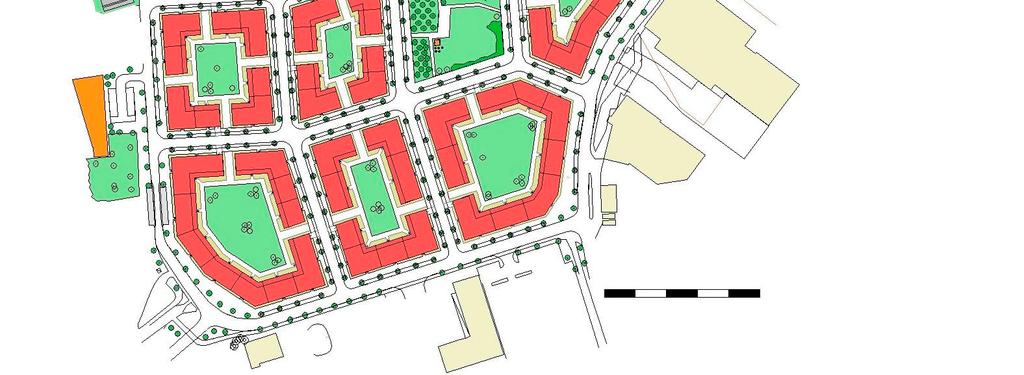 Den mindre stadens kvaliteter i form av ibland slutna kvarter, ibland delvis slumpmässiga avbrott mellan fastigheterna nyttjas i planen.