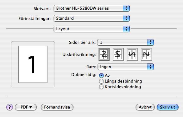 Utskriftsformat Du kan ställa in Pappersformat, Riktning och Skala. Layout Ställ in Sidor per ark, Utskriftsriktning och Ram.