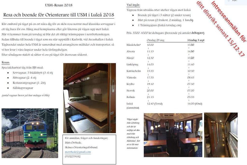 USM resan 2018 SKOF ungdom har planerat att chartra ett tåg med sovvagnar mm, transport och boende USM