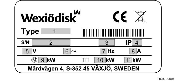 Allmänt 1.2 Symboler på diskmaskinen Denna symbol på en maskindel, varnar för elektrisk spänning. Delen får endast lossas av inom el fackkunnig eller instruerad personal. 1.2.1 Maskinmärkning Maskinen har två märkskyltar, en är placerad längst ner på sidan av maskinen (se bild) och den andra skylten är placerad i elskåpet.