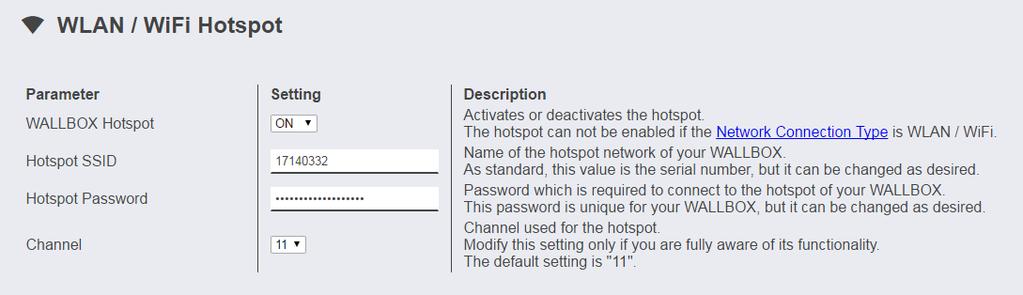 WLAN / WiFi Hotspot Den hotspot som är inbyggd i Wallboxen är aktiverad som standard. Namnet på nätverket är Wallboxens serienummer som du hittar på typskylten i sidan.