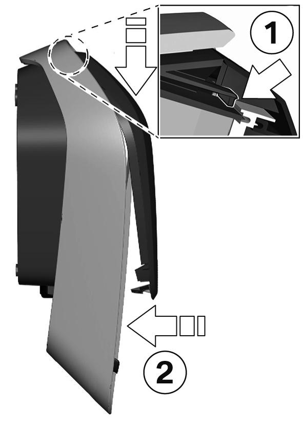 Montering av höljets lock Detta lock är inte relevant för en säker drift av Wallbox. Påhängning av höljets lock 1. Häng locket upptill på höljet och se till att hakarna på locket hamnar korrekt 1. 2.