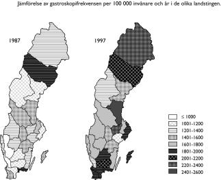 Möjligheten till fritt vårdsökande i Skåneregionen och Västra Götaland innebär att den angivna fördelningen av antal gastroskopier per 100 000 invånare inom dessa områden inte är exakt.