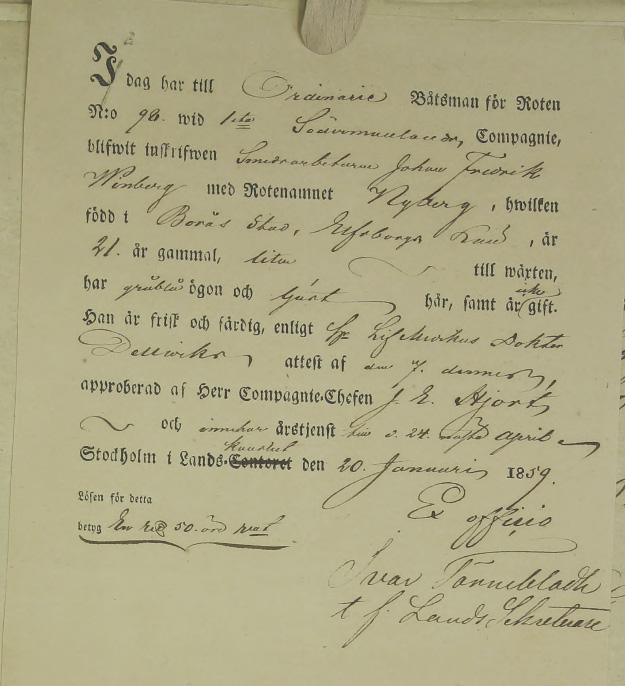 Sida 5 Båtsmanskontrakt från 1859 - för den siste båtsmannen på Hamra båtsmanstorp nr 98, Johan Fredrik