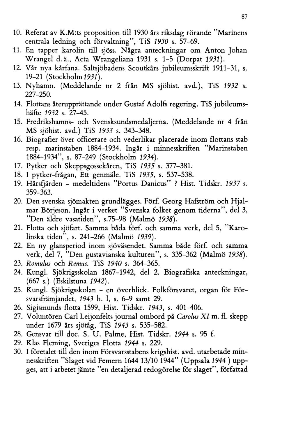 10. Referat av K.M:ts proposition til11930 års riksdag rörande "Marinens centrala ledning och förvaltning", TiS 1930 s. 57-69. 11. En tapper karolin till sjöss.