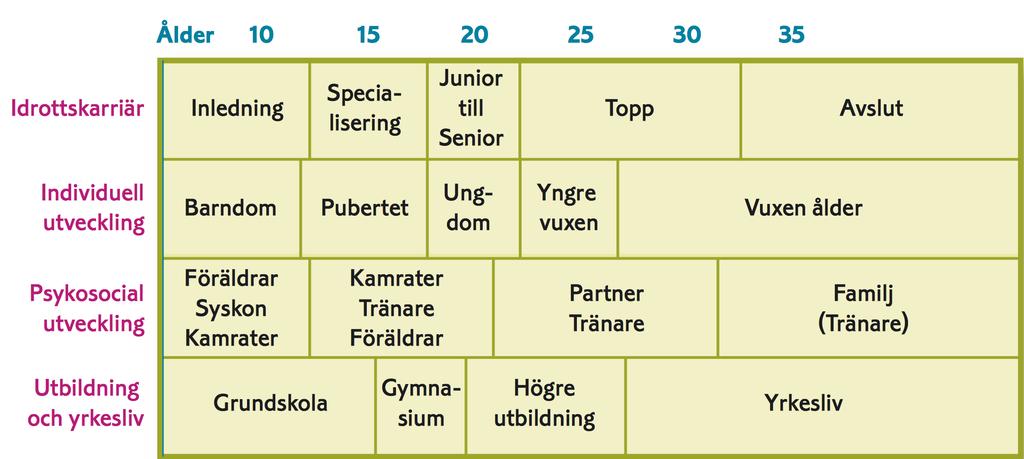 Figuren illustrerar övergångar kopplade till idrottskarriären men också andra delar av en idrottares liv och utveckling som påverkar utvecklingen i idrotten.