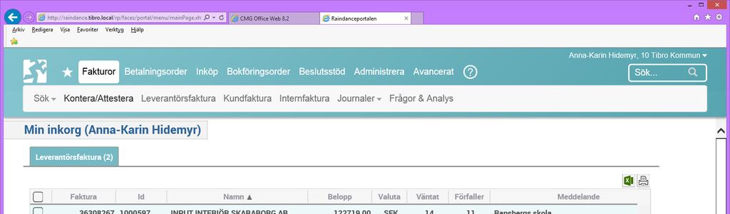 Hjälpguide Raindance fakturaportal Din inkorg hittar du under knappen Fakturor Välj Kontera/Attestera Kontera Genom att dubbelklicka på fakturans rad i din inkorg börjar du din hantering av fakturan.