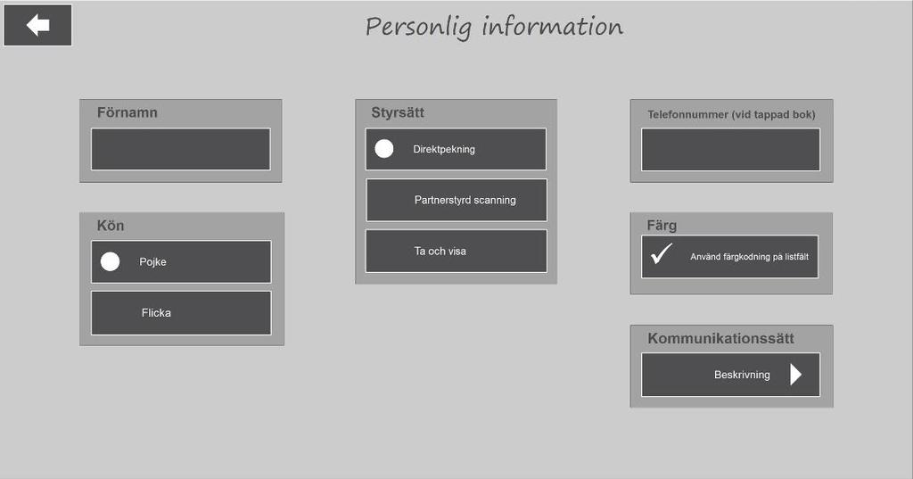 6.2 Personlig information När man väljer Personlig information i huvudmenyn visas denna vy: Här anger man användarens förnamn, styrsätt, kommunikationssätt, telefonnummer, kön samt