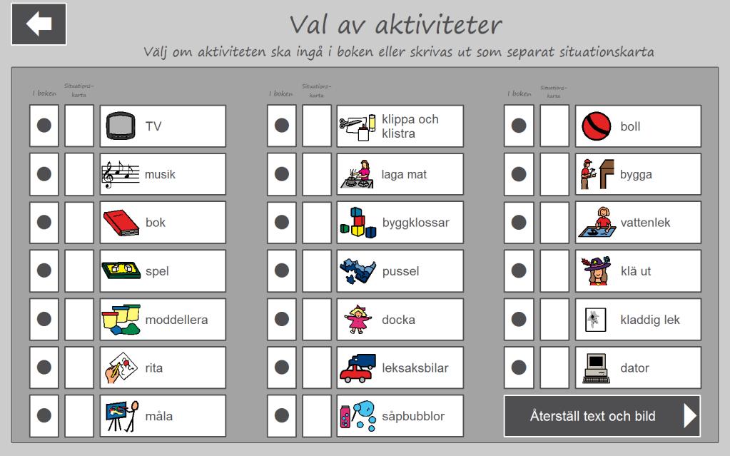 6.4 Val av aktiviteter När man väljer Val av aktiviteter i Huvudmenyn visas denna vy: Här kan man välja vilka aktiviteter som ska inkluderas i PODD 12 och vilka som ska skrivas ut som separata