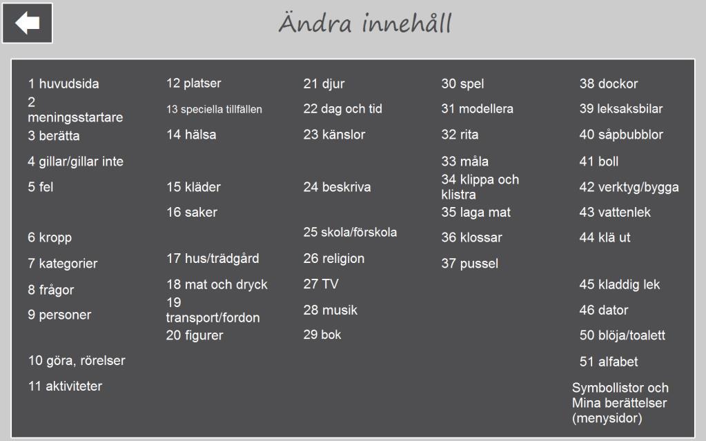 6.5 Ändra innehåll När man väljer Ändra innehåll i Huvudmenyn visas denna vy: Här visas en områdesöversikt enligt