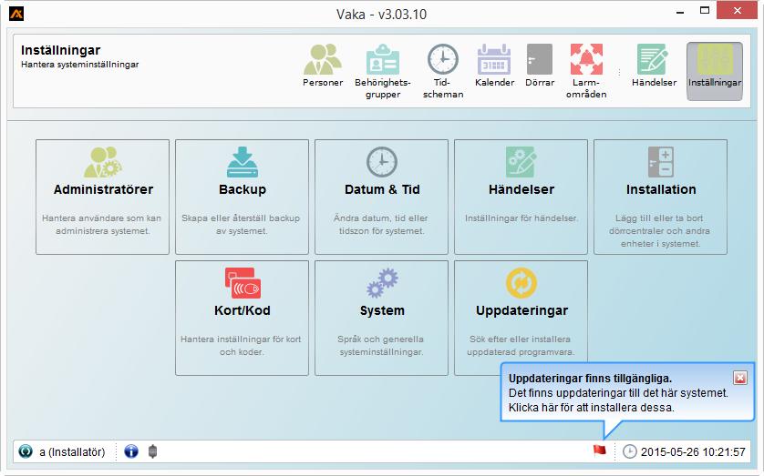 Uppdateringar Det finns tre sätt att uppdatera Pc-client och firmware. (Man måste vara inloggad som installatör.) 1. Automatisk, då pc-clienten känner av att det finns en uppdatering.