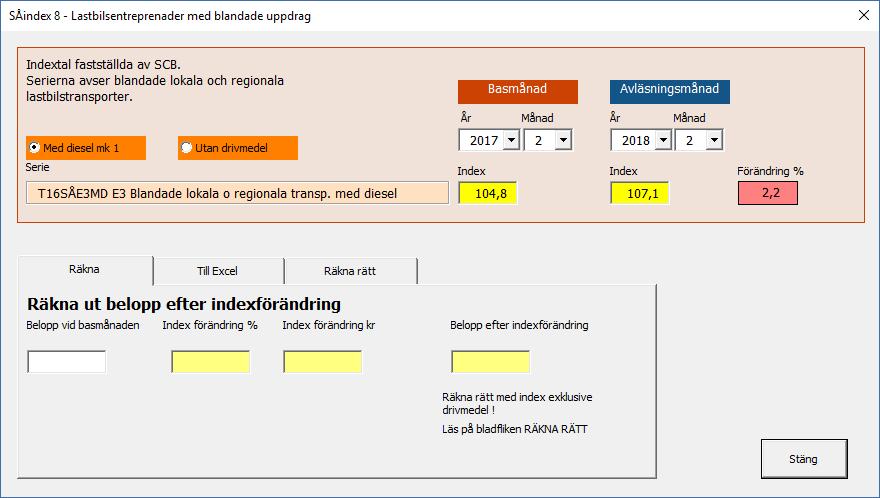 9 4. Lastbilsindex E3 Menyknappen Lastbilsindex E3 visar ett formulär som i flera delar överensstämmer vad vi gått igenom i avsnitt 3 om lastbilsindex T08.