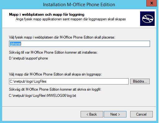 Ange namnet på den virtuella katalog där Mobile Office Phone Edition-filerna ska ligga. Katalogen är en del av hela länken till Phone Edition, t.ex. www.unikum.se/phone. Se exemplet i bilden nedan.