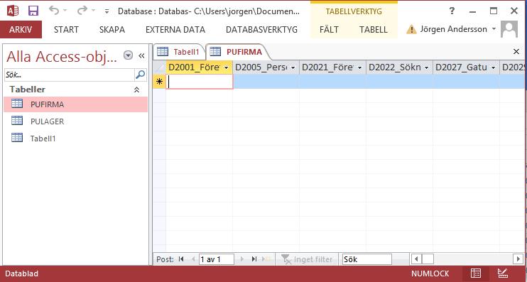 Allt är klart för att arbeta vidare i Microsofts Access. Obs!