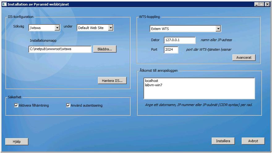 Installation WebService Nästa steg är att installera webbapplikationen WTSWS. Installationsprogrammet WebServiceSetup.exe ligger i SETUP under Pyramidkatalogen.