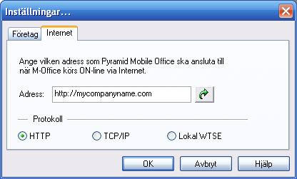 Ställ in http-adressen till Mobile Officesidan. I protokoll ska HTTP vara valt. Katalogstruktur PBS Pyramid\pydata\m-office Här läggs filer som ska laddas upp till PBS.