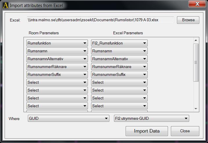Instruktioner xml 1.3 för Malmö stad serviceförvaltningen stadsfastigheter sida 5 Import attributes from Excel Används om man har skapat en Excellista på rumsegenskaper.