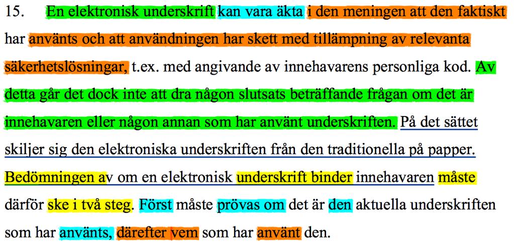 Ett avgörande av HD om e-underskrift och beviskrav Tvist om angiven person (a) skrivit under ett låneavtal elektroniskt och (b) om det skett med en avancerad e-underskrift; svarandens invändningar