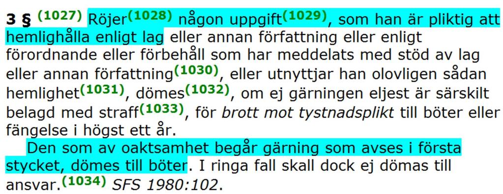 Brott mot tystnadsplikt Ett utlämnande som äger rum till någon som har missbrukat annans e- legitimationer är en följd av ett missbruk som normalt inte kan läggas myndigheten till last, varken