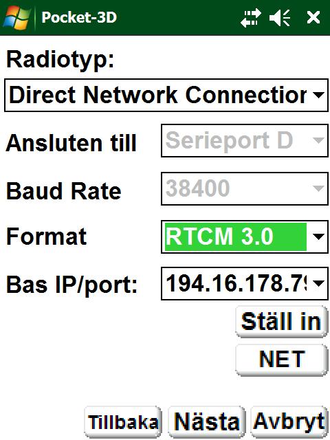 Välj Radiotyp, Korrektionsformat samt IP-adress och