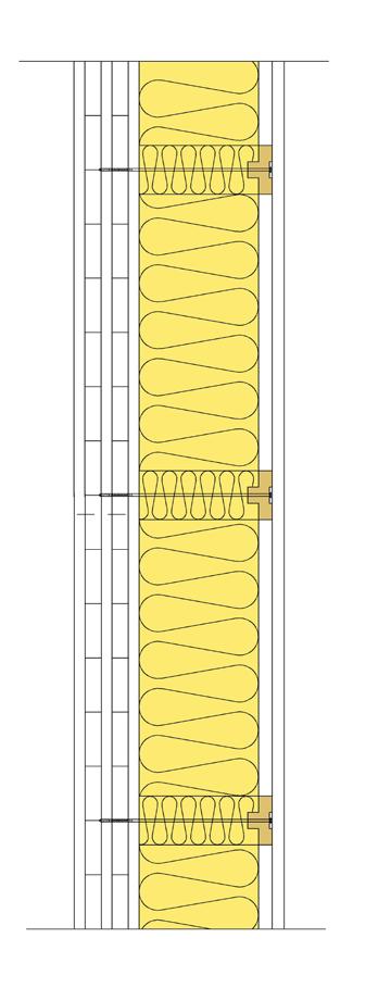 Vertikalsnitt, yttervägg Horisontalsnitt ISOVER PLUS+ på massivträ Konstruktionsskruv Dimensionerande värden De horisontella fasadskruvarna tar vindlaster och vertikala laster upp till 35 kg/m 2.