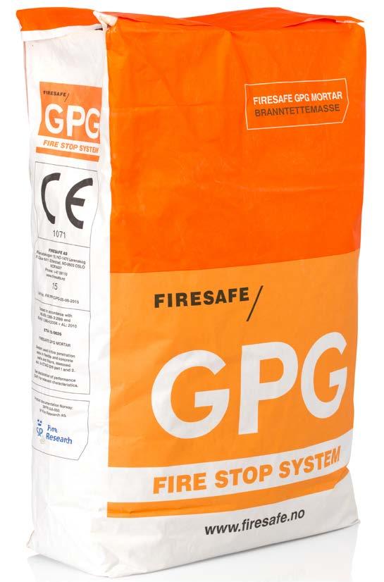 Generell beskrivning FIRESAFE GPG MORTAR GPG är ett pulver som består av gips, perlit och glasfiber som då det blandas med vatten bildar en vit brandsäker massa i flytande eller fast form.