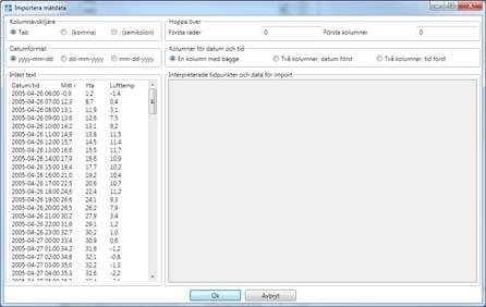Dialog importera mätdata 2 1 3 Denna dialog: 1: Visar själva importerade texten 2: Låter användaren påverka hur texten tolkas 3: Visar vad